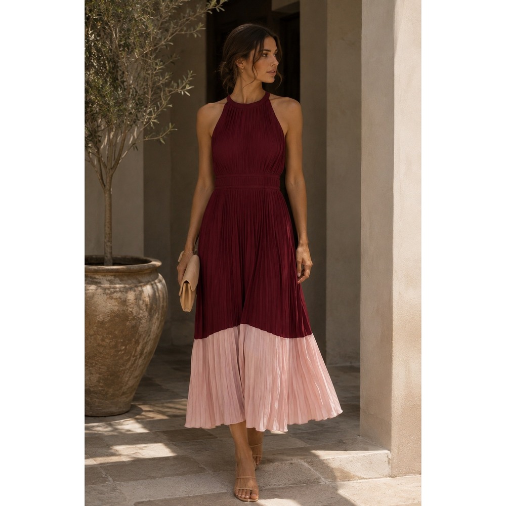 NWT Joie Aleanna Pleated Midi Dress Topanga Laurel Colorblock Halter 6